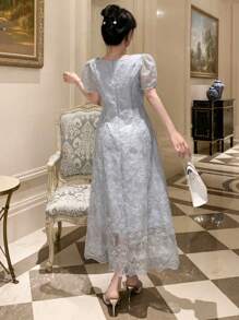 DAZY 女士时尚优雅方领泡泡袖收腰返校节礼服，婚礼舞会礼服