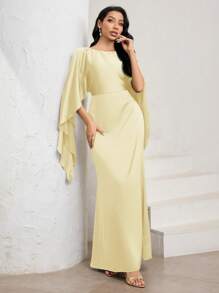 Veilorie فستان طويل ساتان بأكمام كيب أنيقة بياقة مستديرة للنساء، بذيل سمكة لون بني موكا