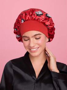 Betty Boop x SHEIN Bonnet de sommeil double couche satiné, à large bord, doux et confortable, avec motif à pois, convenant pour le port quotidien à la maison et le sommeil, rouge