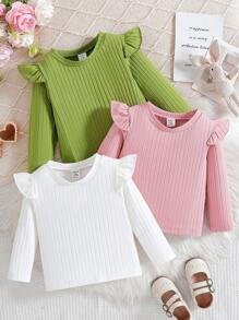 SHEIN Bộ 3 áo dài tay đa năng cho bé gái có trang trí tay lửng, màu trắng/xanh lá/hồng, phối đồ hàng ngày - Nhiều màu - Xem 1