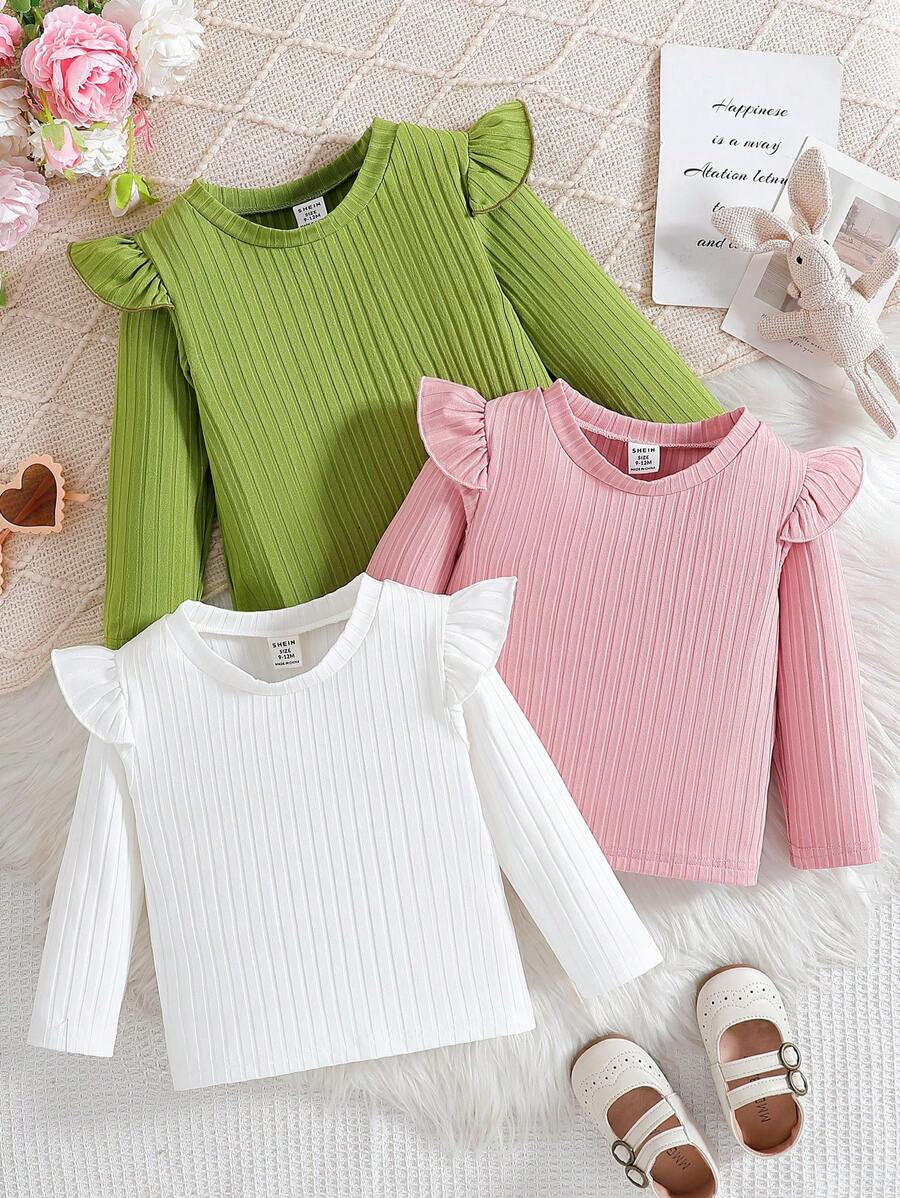 SHEIN Bộ 3 áo dài tay đa năng cho bé gái có trang trí tay lửng, màu trắng/xanh lá/hồng, phối đồ hàng ngày - Nhiều màu - Xem 1