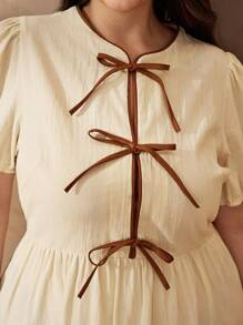 Chikora Plus Size Summer Casual Dress With Bow Decor Balloon Sleeves Summer Beige Dresses For Women Summer Elegant Dress Neutral Dresses - Apricot - View 7