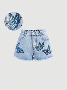 Girlism 少女夏季海滩波西米亚风浅色水洗高腰宽松毛边蝴蝶印花牛仔短裤，夏季度假牛仔短裤，春夏休闲，夏季音乐会锐舞节宽松街头派对装，7月4日独立日，毕业派对牛仔短裤 - 淺色水洗藍 - 查看 1