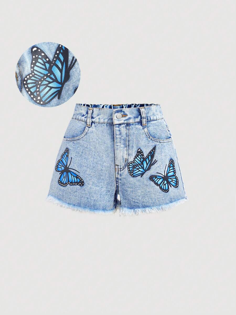 Girlism 少女夏季海滩波西米亚风浅色水洗高腰宽松毛边蝴蝶印花牛仔短裤，夏季度假牛仔短裤，春夏休闲，夏季音乐会锐舞节宽松街头派对装，7月4日独立日，毕业派对牛仔短裤 - 淺色水洗藍 - 查看 1