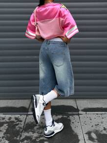 SHEIN Nastolatki Dziewczęta Niebieskie I Białe Paski Podwójny Pas Spliced Pas Projekt Niebieskie Dżinsy Luźne Szorty, Wiosna I Lato Swobodne Wakacje Wiejski Boho Noszenie