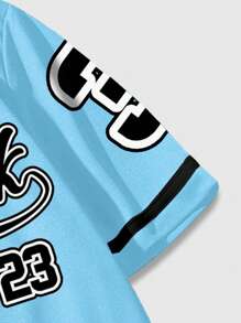 ROMWE MEN Prep 男士单排扣休闲都市徽标印花短袖衬衫 - 藍色 - 查看 6