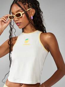 MISSGUIDED Y2K Summer Festival Racerback Tank Top Retro Sleeveless Crop Top With Fruit Logo Fashion Essential Urban Streetwear Basic Casual