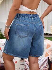 EMERY ROSE Plus Size Women Cotton Loose Fit Distressed Denim Bermuda Shorts, Casual Autumn Cowboy Elegant - Medium Wash - View 2