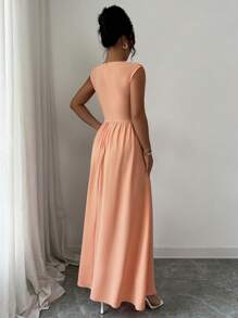 Selianne Vestido longo feminino elegante, simples, de alta qualidade, cor sólida, sem mangas, vintage, com cintura vazada, torcido, plissado, linha A, adequado para escritório, deslocamento, praia, férias, festival de música, primavera/verão