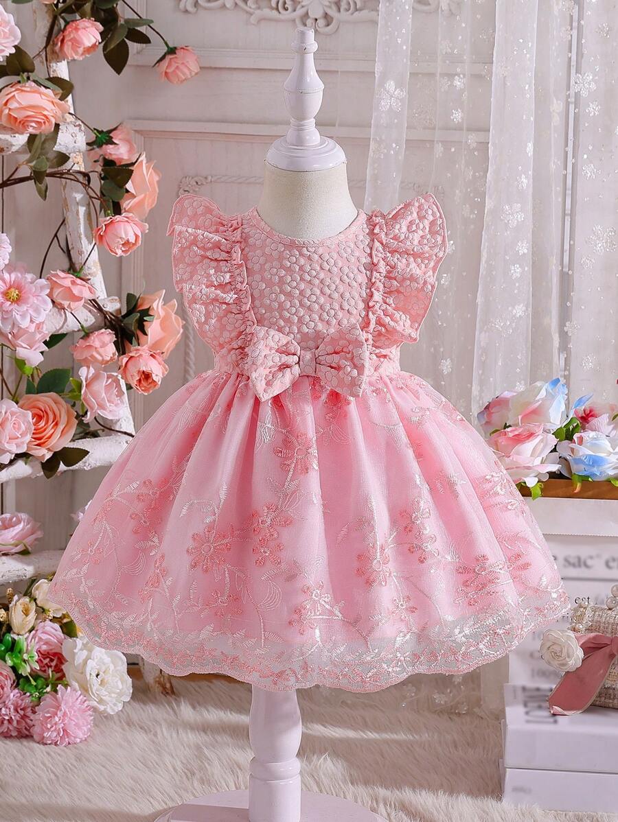 SHEIN Glamorique Kids 女婴优雅蝴蝶结装饰网眼荷叶边提花连衣裙 - 粉色 - 查看 1