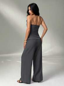SHEIN PETITE 秋冬纯色修身吊带背心和优雅长裤套装 - 深灰色 - 查看 2