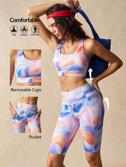 VARSIVA Ensemble femme d'entraînement 2 pièces Débardeur court tie-dye et leggings pour femmes