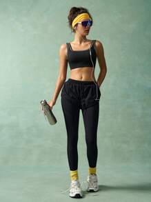 VARSIVA Versatile Black 2-In-1 Active Bottoms For Women Long Knitted Leggings Featuring Tummy Control, D Outer Drawstring Shorts With Mesh Details Perfect For Gym Workouts And Yoga.