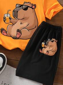 SHEIN 休闲时尚创意卡通可爱水豚饮料印花基础款短袖T恤和短裤两件套，适合青少年男孩夏季假期穿着 - 彩色 - 查看 5