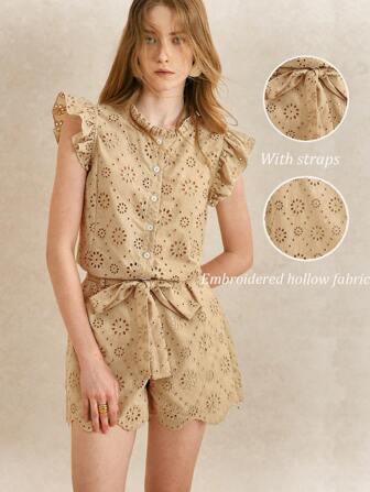 Écloséra 女装优雅盖袖吊带短款刺绣镂空休闲度假两件套度假两件套夏季套装女休闲套装女度假装