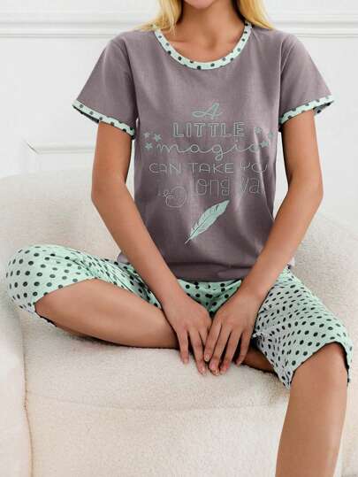SHEIN Cottnline 100%Cotton 2Pcs Cotton Contrast Colour Slogan Print Detail Shirt And Polka Dot Printed Capri Sleep Bottoms Homewear PJ Set
