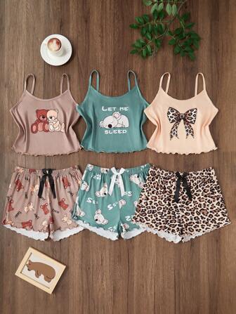 3pcs/Set Cartoon Print Cami Top And Shorts Pajama Set Summer Sleep Wear Sets Cami Sets
