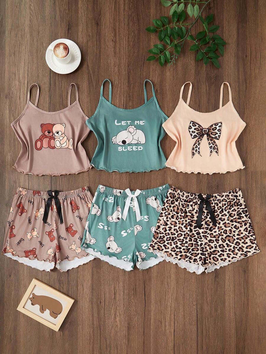 3pcs/Set Cartoon Print Cami Top And Shorts Pajama Set Summer Sleep Wear Sets Cami Sets - Multicolor - View 1