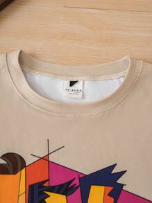 EDUVISMO ART FRIENDS X SHEIN Men Casual Cartoon Print Short Sleeve Crew Neck T-Shirts - Khaki - View 7