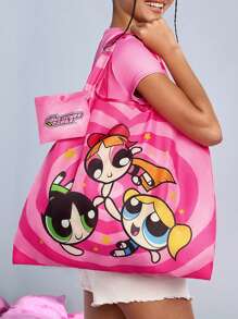 THE POWERPUFF GIRLS X SHEIN 1个可爱卡通花朵、泡泡、毛茛图案涤纶可折叠购物袋/手提袋，配有带珠链的小粉色收纳袋，Y 2 K，情人节 - 粉色 - 查看 7