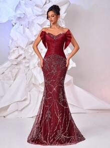Glamrae Elegante y lujoso vestido de bola satinado, fruncido y con cola de pez con cuentas y lentejuelas, adecuado para bodas, fiestas, vacaciones, galas y eventos formales (resistente)