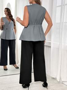 Gownix Plus Size Women Double Breasted Sleeveless Top And Wide Leg Pants,Black Summer Elegant Semi Formal 2 Pieces Set,Business Casual Office Work Outfits - Multicolor - View 3