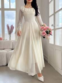 Modelyn Women Elegant Solid Color Flare Sleeve Ruffle Hem Dress, Autumn Maxi Women Outfit Long Evening Dresses Fall Cloth For Women - Apricot - View 5