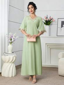 Yasmyna V-Neck Tulip Ribbon Decor Long Dress With Tie Belt, Green - Green - View 5