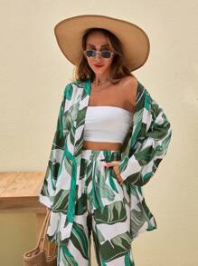 EURMUSE Tropical Print Vsicose Two Pieces, Cotton Breathable Fabric, Large Botanical Leaf Pattern, Monstera/Palm Leaf Design, Lightweight Summer Fabric, Long Sleeve Style, Relaxed Fit Silhouette, Natural Earth Tones, Resort Wear Aesthetic, Contemporary Tropical Print, Perfect Vacation Or Summer Wardrobe Piece