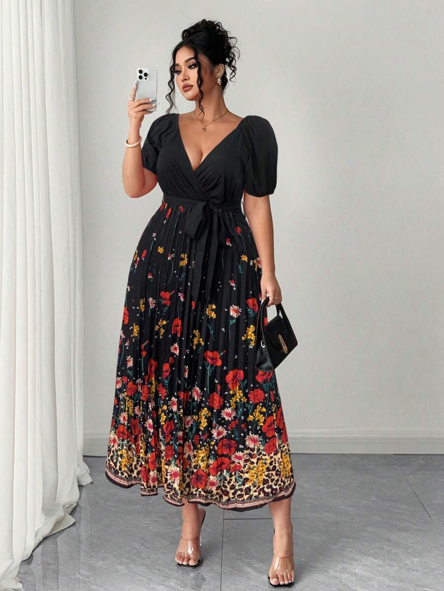 Elenzga Große Größen Sommer Elegant Blumen Muster V-Ausschnitt geraffte Taille ausgestelltes Maxikleid - Verschiedenfarbig - Übersicht 1