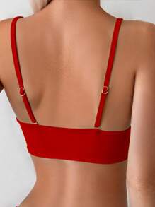 SHEIN Swim Bộ bikini thắt nút màu trơn gợi cảm màu đỏ dành cho nữ khi đi nghỉ dưỡng trên bãi biển - Đỏ - Xem 4