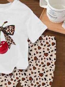 Baby Girl Leopard Bow Cherry Printed Round Neck Short Sleeve White T-Shirt And Leopard Knitted Flared Pants Set Leopard Print Baby Clothes - Multicolor - View 5
