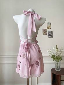 SHEIN EZwear Women's Floral Sequin Draped Neck Sleeveless Woven Halter Dress, Pink - Pink - View 2