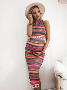 SHEIN Bohemian Style Crochet Multi-Color Fringe Hem Backless Halter Neck Top And Split Hem Skirt 2-Piece Set, Maternity - Multicolor - View 6