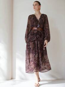 Aveloria Modichic 波西米亚风格宽松荷叶边下摆连衣裙配腰带，多层长袖连衣裙 - 彩色 - 查看 7