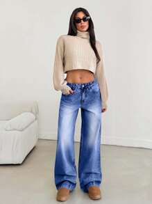 EURMUSE 复古水洗宽松低腰阔腿牛仔裤 - 深色水洗藍 - 查看 3