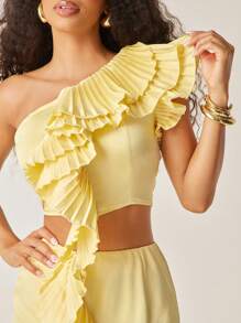 Vixey One Shoulder Layered Ruffle Detail Shirred Back Top - Yellow - View 2