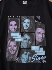 FRIENDS X SHEIN Heymoonly Camiseta de manga corta casual de cuello redondo suelta con gráficos de letras y caracteres para hombre de verano