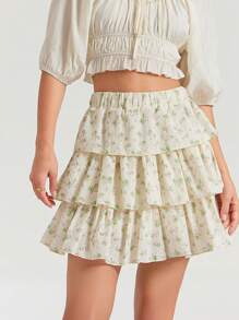 WESTFADE Spring Summer Vacation Floral Printed Eyelet Tiered Ruffle Mini Skirt Western Wear Women - Green - View 1