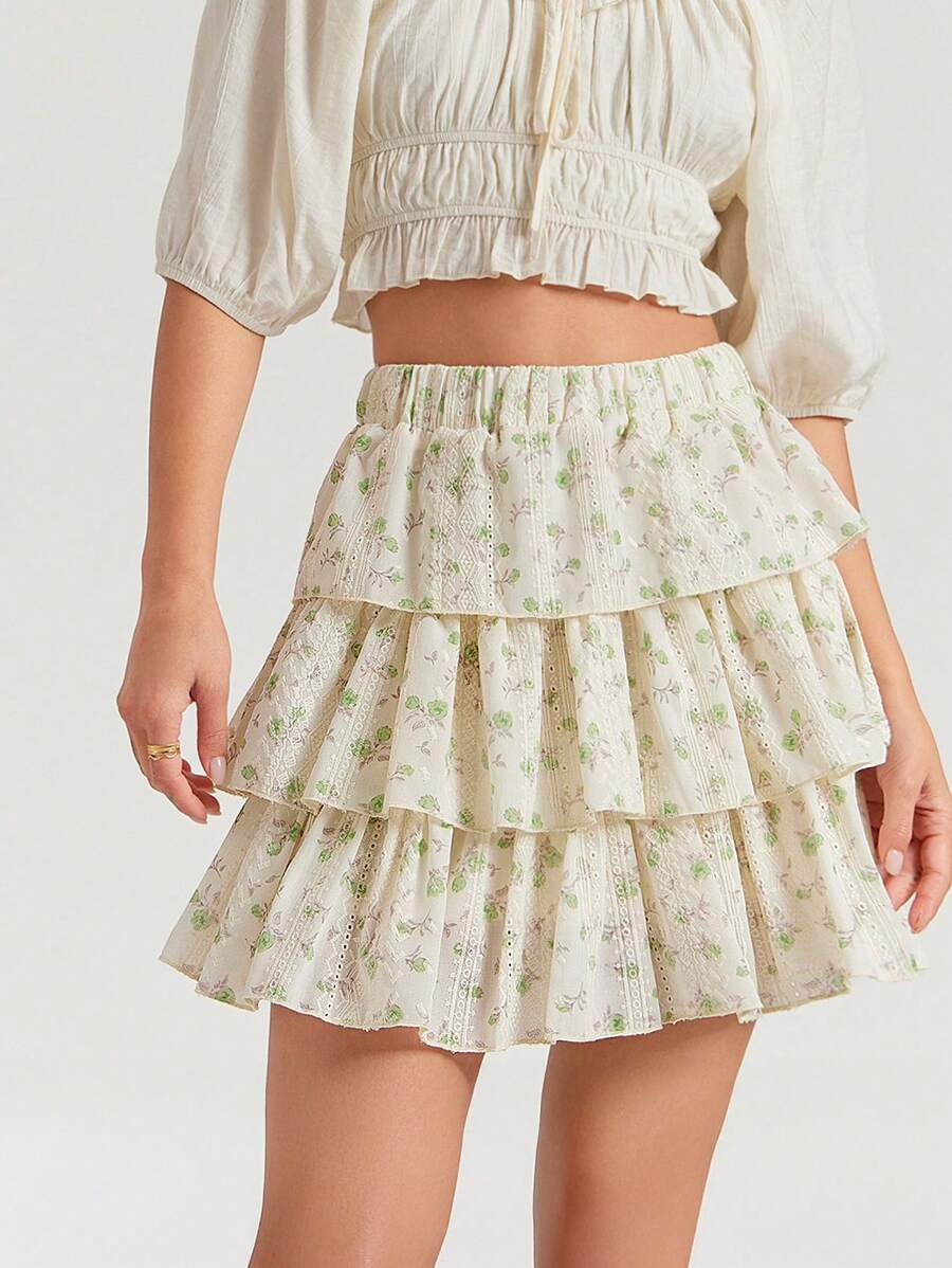 WESTFADE Spring Summer Vacation Floral Printed Eyelet Tiered Ruffle Mini Skirt Western Wear Women - Green - View 1