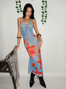SHEIN Unity Women's Floral Print Vacation Asymmetric Hem Slip Dress - Multicolor - View 1