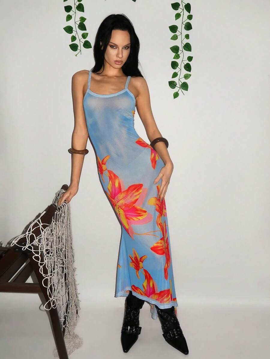 SHEIN Unity Women's Floral Print Vacation Asymmetric Hem Slip Dress - Multicolor - View 1