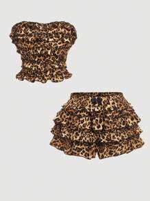 SHEIN MOD Conjunto de 2 piezas para mujer con top cropped sin tirantes + falda con estampado de leopardo en capas, atuendo para festival de verano
