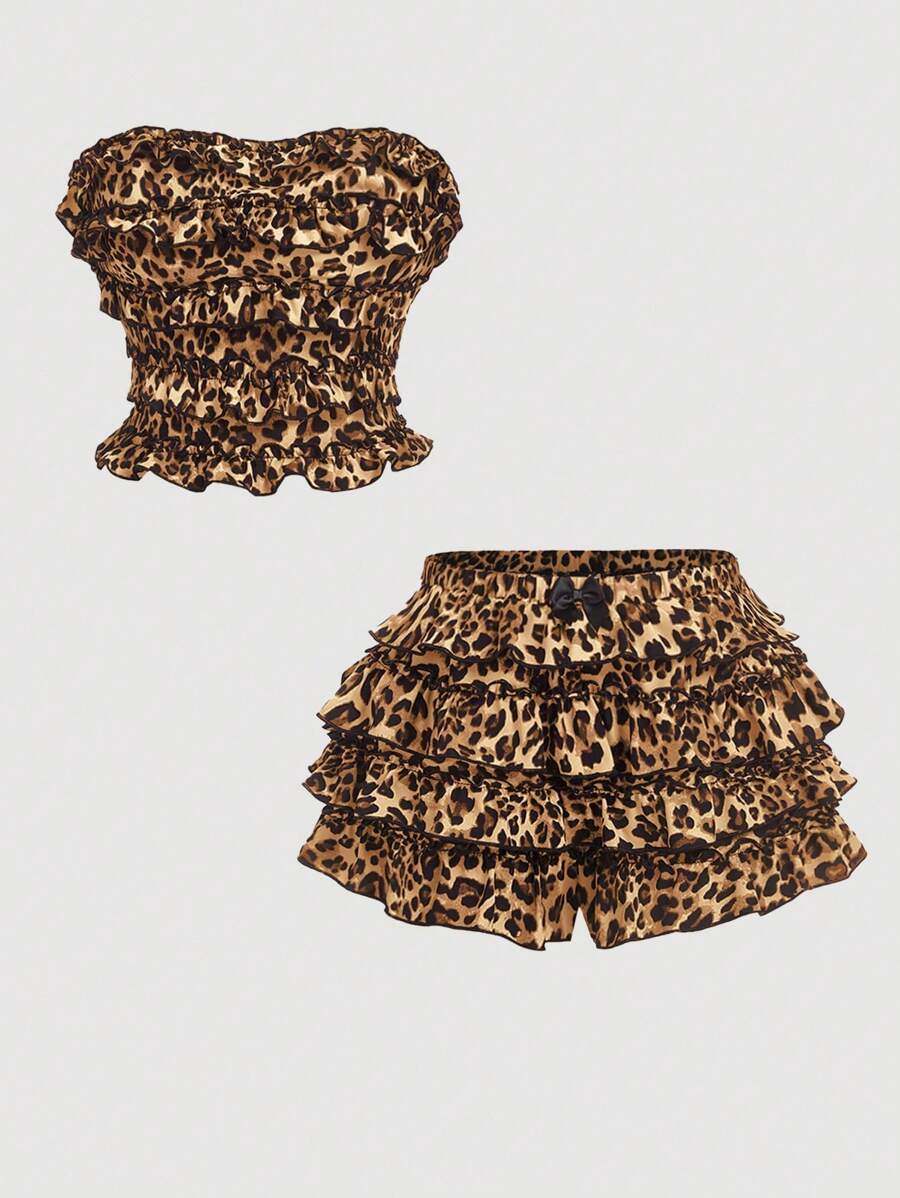 SHEIN MOD Conjunto de 2 piezas para mujer con top cropped sin tirantes + falda con estampado de leopardo en capas, atuendo para festival de verano