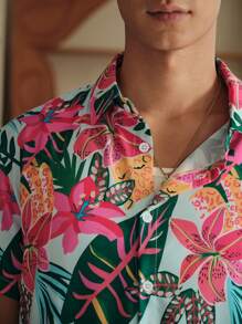 SWAVVY Camisa azul de manga corta con estampado floral tejido casual para hombre, adecuada para vacaciones