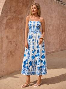 SHEIN Clasi Blue Rose Print Waist Cinched Waist Dress, Elegant Floral Sun Umbrella Dress For Vacation Y2k Clothes Women Y2K Back To School Clothes Country Outfits Women Old Money Style Women Going Out Airport Outfit For Women Dress For Women Beach Outfits For Woman Beach Dress Beach Vacation Outfits Beach Essentials Party Dress Pride Starfish Sequin Dress Vacation Outfits Airport Summer Honeymoon Woman Dress For Women Boho - Multicolor - View 5