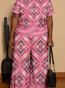 SHEIN Plus Size Graphic Print Crew Neck Casual Graphic Tees & Regular Waist Pants 2 Pieces Vacation Summer Women Outfits, Regular Fit For Spring, Autumn & Winter