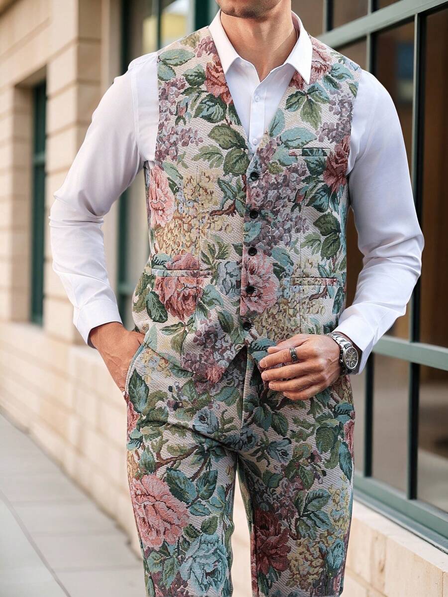 Manfinity Homme Conjunto de chaleco y pantalones de talla grande para hombre, de una hilera y estampado floral, informal - Albaricoque - Ver 1