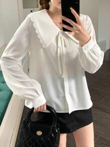SHEIN Teen Girl's Casual & Versatile White Blouse With Bow, Peter Pan Collar, Ruffle Trim, Lantern Sleeve, Academic Style White Blouse Girls Girl Collar Shirt White Lace Blouse Tie Neck Blouse Peter Pan Collar Blouse Fall Winter - White - View 5