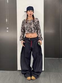 SHEIN Teen Girl Loose Casual Minimalist Comfortable Oblique Shoulder Leaf Graphic Cropped Long Sleeve Sweatshirt - Dark Green - View 5